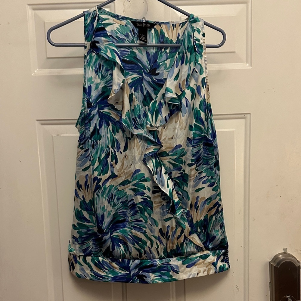 White House Black Market Floral Ruffle Blouse - Blue and Green